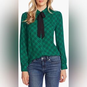 Cece Plaid Pintuck Tie Neck Long Sleeve Blouse